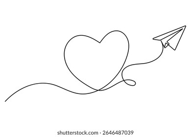 Love themed paper plane with hearts continuous line art minimalist romantic card vector illustration
