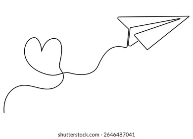 Love themed paper plane with hearts continuous line art minimalist romantic card vector illustration
