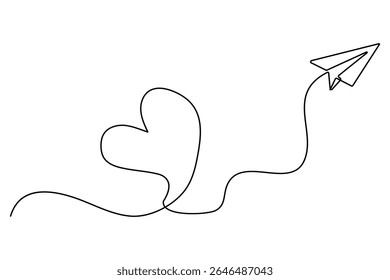 Love themed paper plane with hearts continuous line art minimalist romantic card vector illustration
