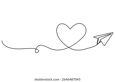 Love themed paper plane with hearts continuous line art minimalist romantic card vector illustration
