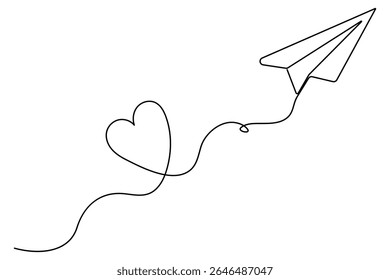 Love themed paper plane with hearts continuous line art minimalist romantic card vector illustration
