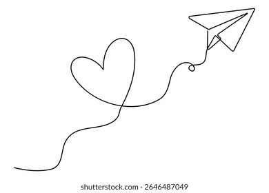 Love themed paper plane with hearts continuous line art minimalist romantic card vector illustration
