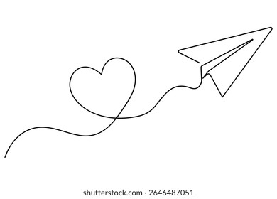 Love themed paper plane with hearts continuous line art minimalist romantic card vector illustration
