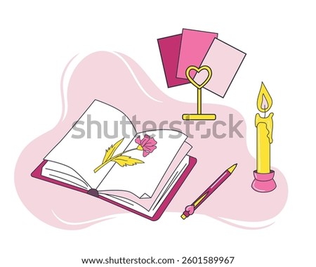 Love themed pink composition with a journal, dried flower, candle and note holder. Cute girly design
