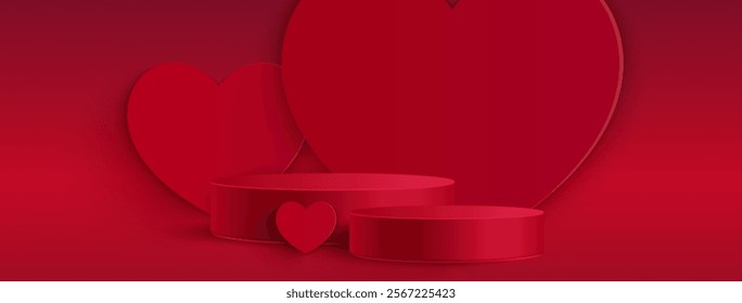 Love themed podium design with red cylindrical platforms on romantic backdrop - minimalist 3d composition with heart shapes and scarlet display stands. Valentine day product presentation stage.