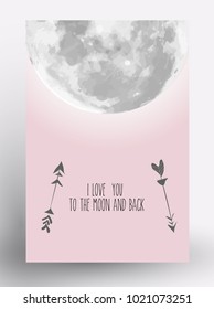 Love Themed. Postcard Design Love. Valentine's Day. Moon. Vector illustration. 