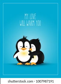 Love Themed. Postcard Design Love. Warm Hug Cute Cartoon Penguins. Care. Vector illustration. Love 