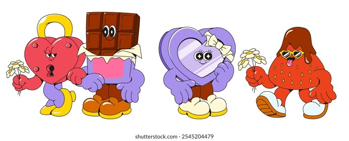 Love themed retro cartoon character mascots - heart shaped lock with yellow key, chocolate bar in purple outfit, cupid box with bow, red strawberry wearing sunglasses. for Valentine day design.