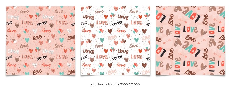 Love Themed Seamless Patterns Collection. Different handwritten lettering and hand drawn doodle hearts in pastel warm colors. Valentines Day romance ornaments set. Colorful flat vector illustration