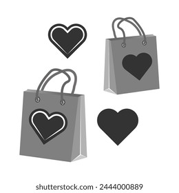 Love themed shopping bags. Heart design on gift bags. Monochrome retail concept. Vector illustration. EPS 10.