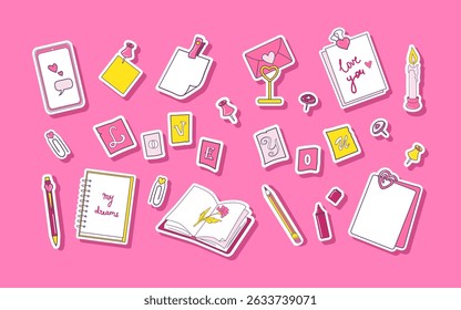 Love themed stationery, collage Love You. Cute romantic stickers for diary, social media, surfaces