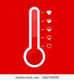 Love thermometer in paper cut style. Love meter in full condition. Valentines day card design element template. Vector illustration of heat love of romance with process degree in hearts