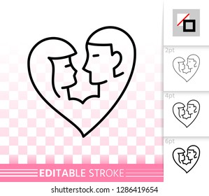 Love thin line icon. Outline sign of romantic couple. People linear pictogram with different stroke width. Simple vector symbol, transparent background. Valentine day editable stroke icon without fill
