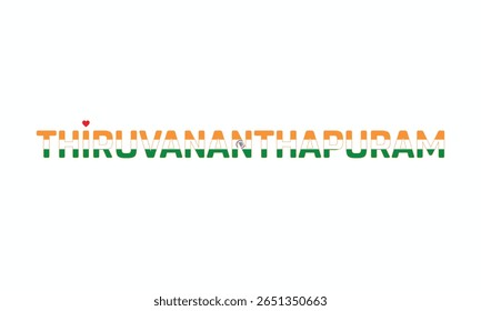 I Love Thiruvananthapuram, Typographic Design of I Love Thiruvananthapuram on a white background, Flag Typography of Thiruvananthapuram with heart, Vector design of I Love Thiruvananthapuram