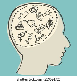 Love thoughts. Thinking concept. Abstract man's head with thoughts and ideas of love and romantic