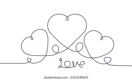 Me encanta el concepto de la línea de tres corazones. Fiestas románticas y relaciones, postal del día de San Valentín. Pasión, ternura y cuidado. Ilustración lineal vectorial aislada en fondo blanco