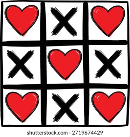 Juego del dedo del pie de la etiqueta del amor con los corazones y las cruces, concepto del romance dibujado a mano