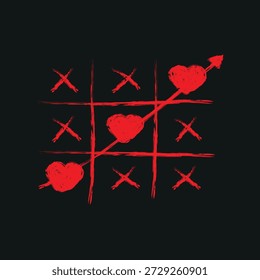 Love Tic Tac Toe Game Illustration with Red Heart and Cross Symbols on Dark Background for Romance, Valentine, and Concept Art Design