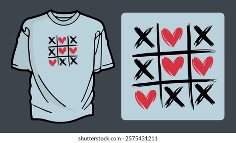 Love and Tic Tac Toe T-shirt Design with Playful Heart and XOX Patterns