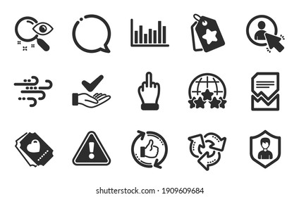 Love Ticket, Dermatologisch getestet und Mittelfinger Symbole einfache Set. Sicherheitsbüro, Balkendiagramm und Schilder zum Recycling. Wind Wetter, Sterne und Benutzersymbole. Flache Symbole gesetzt. Vektorgrafik