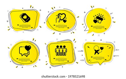 Love ticket, Love gift and Friendship icons simple set. Yellow speech bubbles with dotwork effect. Heart, Hold heart and Honeymoon travel signs. Trust friends. Love set. Quote speech bubbles. Vector