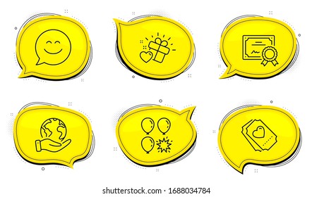 Love ticket sign. Diploma certificate, save planet chat bubbles. Smile chat, Love gift and Balloon dart line icons set. Happy face, Heart, Attraction park. Holidays set. Outline icons set. Vector