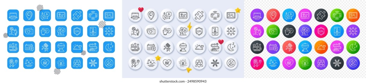 Love tickets, Deckchair and Game console line icons. Square, Gradient, Pin 3d buttons. AI, QA and map pin icons. Pack of Grill, Travel calendar, Crane claw machine icon. Vector
