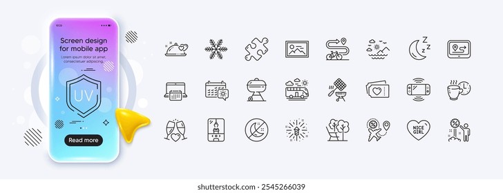 Love tickets, Deckchair and Game console line icons for web app. Phone mockup gradient screen. Pack of Grill, Travel calendar, Crane claw machine pictogram icons. Vector