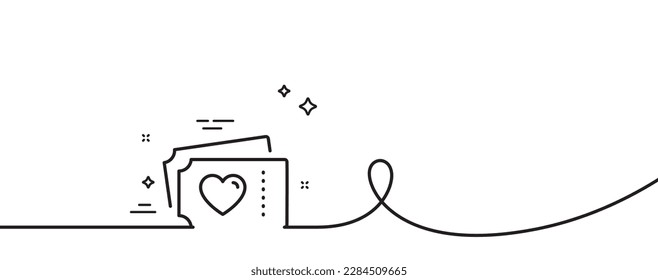Love tickets line icon. Continuous one line with curl. Valentines day sign. Couple relationships symbol. Love tickets single outline ribbon. Loop curve pattern. Vector