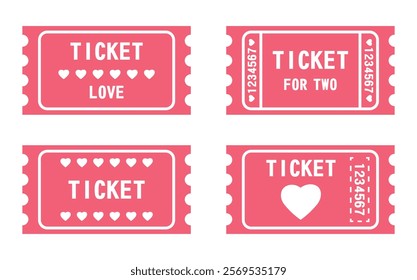 Love tickets set for gifts, website, holidays, special offers, discounts. Flat vector pink tickets illustrations isolated on white background.