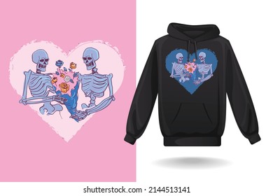 Love till death hoodie design vector art , skeleton couples with flowers on head, skull couples vector illustration