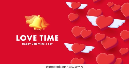 Love time digital banner or poster with 3d isometric hearts with wings pattern and bell ringing