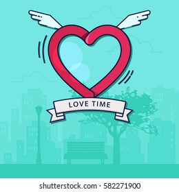 Love time. Heart with wings in the sky with clouds. Silhouette city park in the background. Vector illustration.