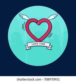 Love time. Heart with wings in the sky with circle. Silhouette city park in the background. Vector illustration.