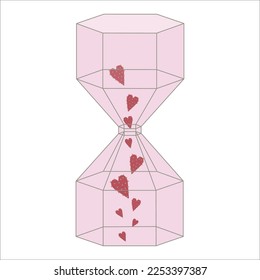 Love time. Hourglass with folling hearts in stead of sand. Isolated vector image on white background.