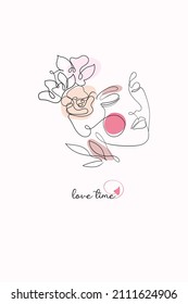 Love time postcard or print for t-shirt. Beautiful print for valentine's day with woman face