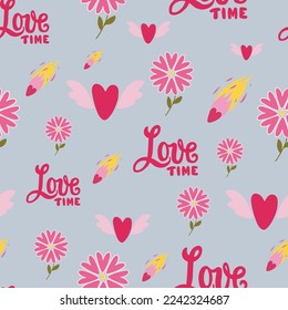 Love Time seamless pattern with flying hearts, comets, flowers. For wrapping paper, textile, scrapbooking, greetings, DIY projects.