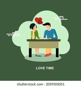 Love time with young beautiful couple sitting and combined studying with 2 red hearts above themflat concept design