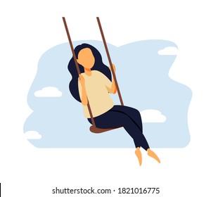 Love and time for yourself. Happy woman, self care, slow life concept. Cute girl with long hair sitting on swing. Young smiling mother takes break and relaxes. Wellbeing, body care vector illustration