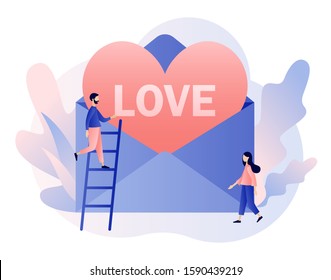 In love. Tiny people with big love letter. Heart in large envelopes. Valentine day consept. Modern flat cartoon style. Vector illustration on white background