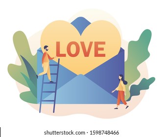 In love. Tiny people with big love letter. Heart in large envelopes. Valentine day consept. Modern flat cartoon style. Vector illustration on white background
