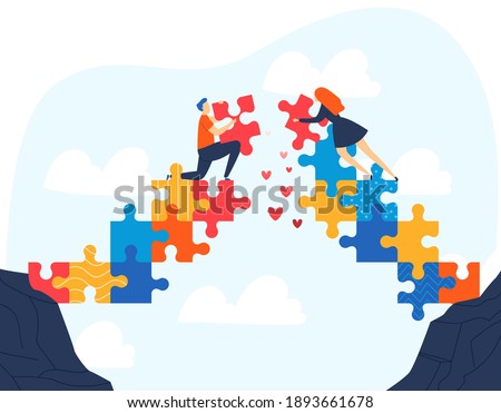 Love together, romantic vector illustration. Love story, relationship, building connection bridge from puzzle parts. Concept for Valentines Day. Happy couple man and woman, romance.