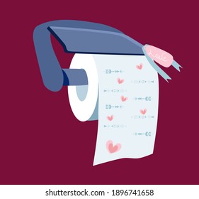 Love toilet paper in holder.Lavatory hygienic goods with pink hearts and arrows.Funny gift for home. Valentines day celebration.Adore yourself and make a present.Vector illustration in flat style