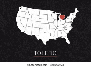 Love Toledo Picture. Map of United States with Heart as City Point. Vector Stock Illustration
