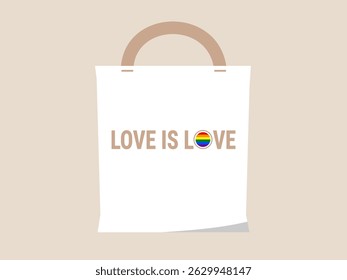 Love is love tote bag with rainbow heart symbol, minimalist design, beige handle, and neutral background, expressing pride and inclusivity in simple, modern style