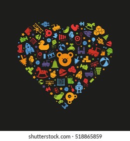 Love of toys. Toys for babies, kids, children and toddlers vector icons arranged in heart shape, color symbols on black background