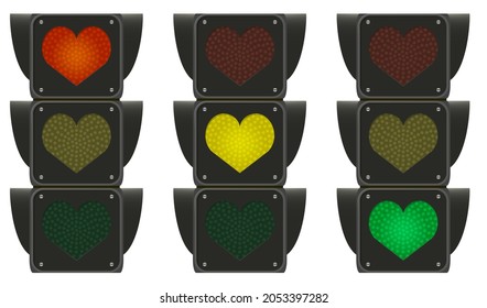 El tráfico de amor ilumina el concepto creativo de tres colores del corazón. Señal de carretera, tres colores. Ilustración vectorial aislada en blanco.