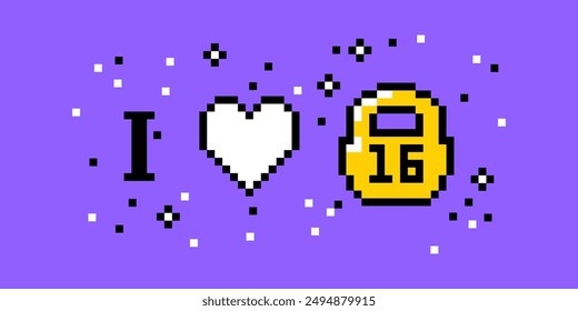 Love training and fitness concept in pixel art 8 bit design. Composition with pixels kettlebell weight. Healthy life style. Y2k trendy playful sticker. Mood of 90's aesthetics. Simple geometric form.