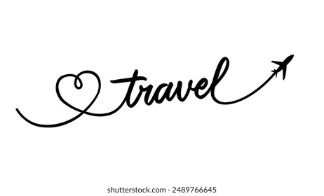 Love travel, airplane flight route, tourism path. Continuous one line drawing of airplane path in heart form. Vector illustration, line with start point and hearted way