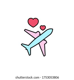 Love travel, airplane with hearts icon flat. Love stories symbol. Valentines day concept. Vector on isolated white background. Eps 10